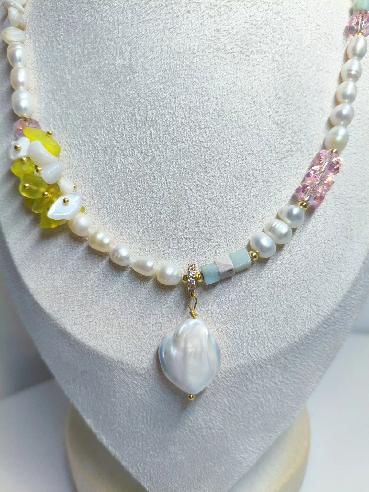 Natural pearl, stone, and crystal necklace with 2 cm baroque pearl pendant