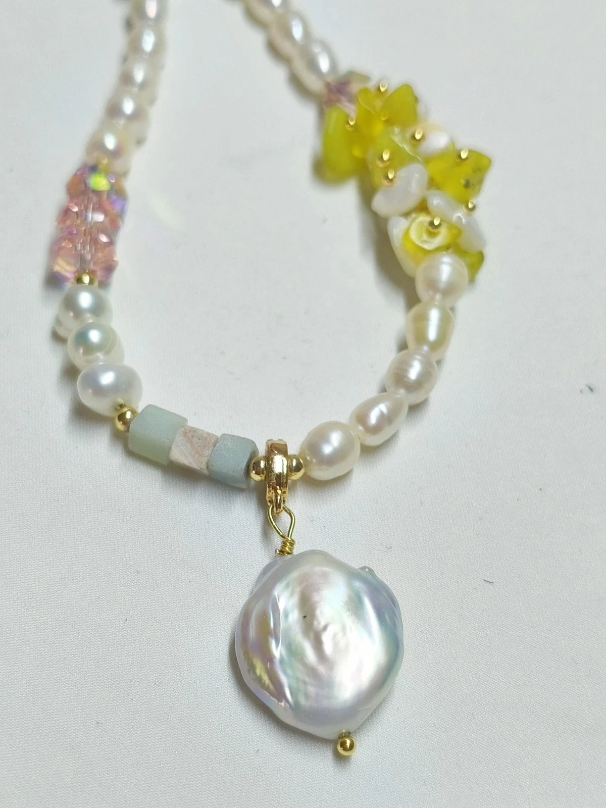 Natural pearl, stone, and crystal necklace with 2 cm baroque pearl pendant