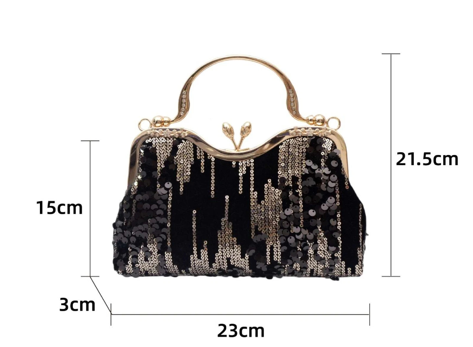 Pochette da sera lustrini nero-oro "Pioggia Dorata", manico + catena removibile