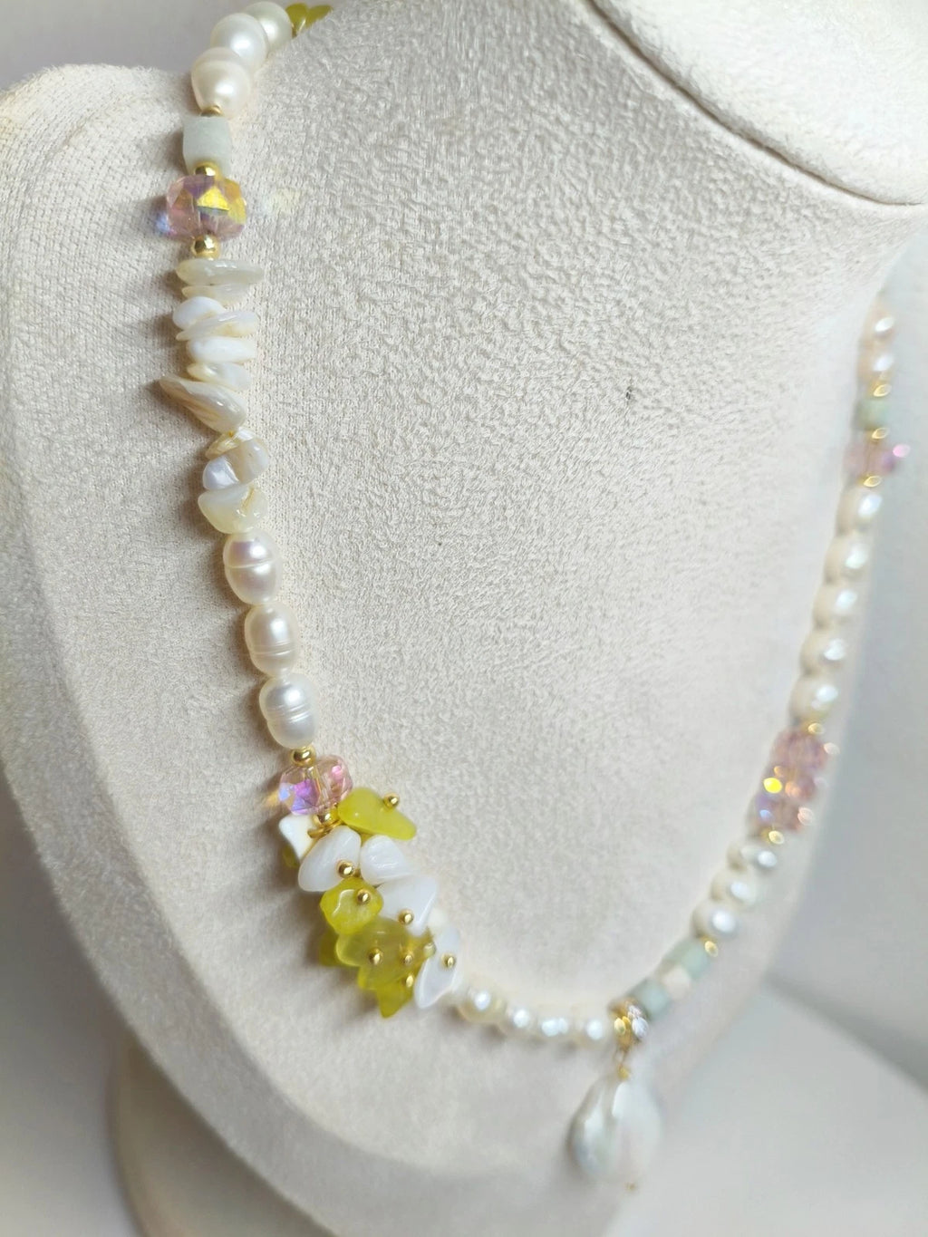 Natural pearl, stone, and crystal necklace with 2 cm baroque pearl pendant