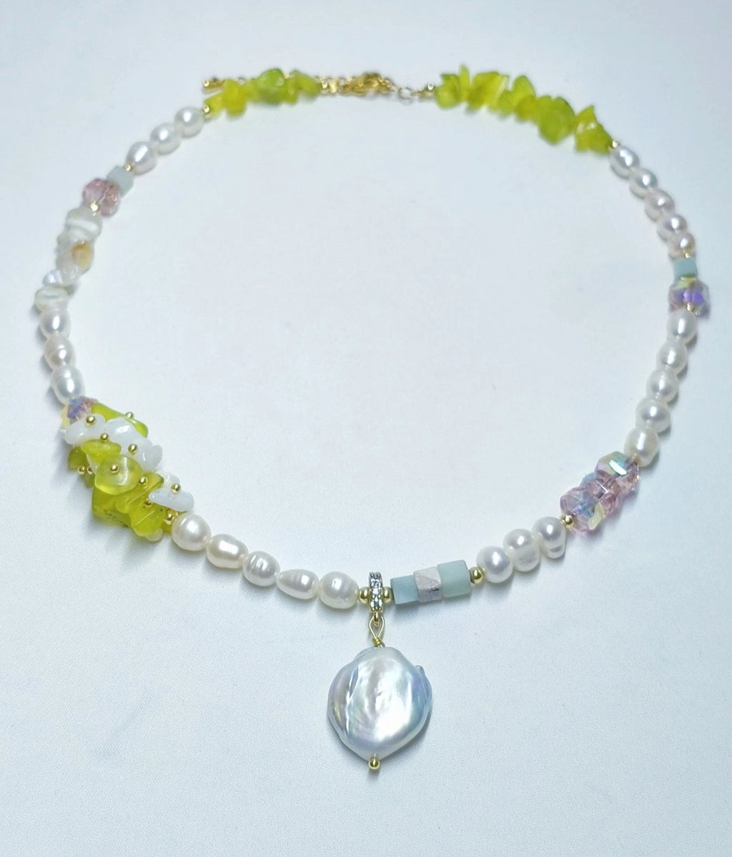 Natural pearl, stone, and crystal necklace with 2 cm baroque pearl pendant