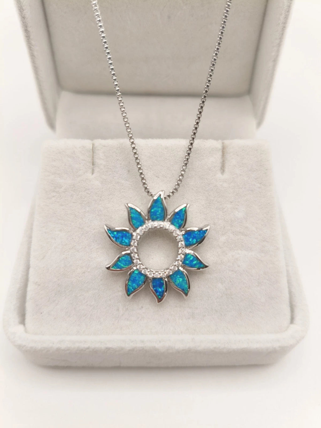 Collana con ciondolo a raggi sole in opale blu, gioielli floreali placcati arg
