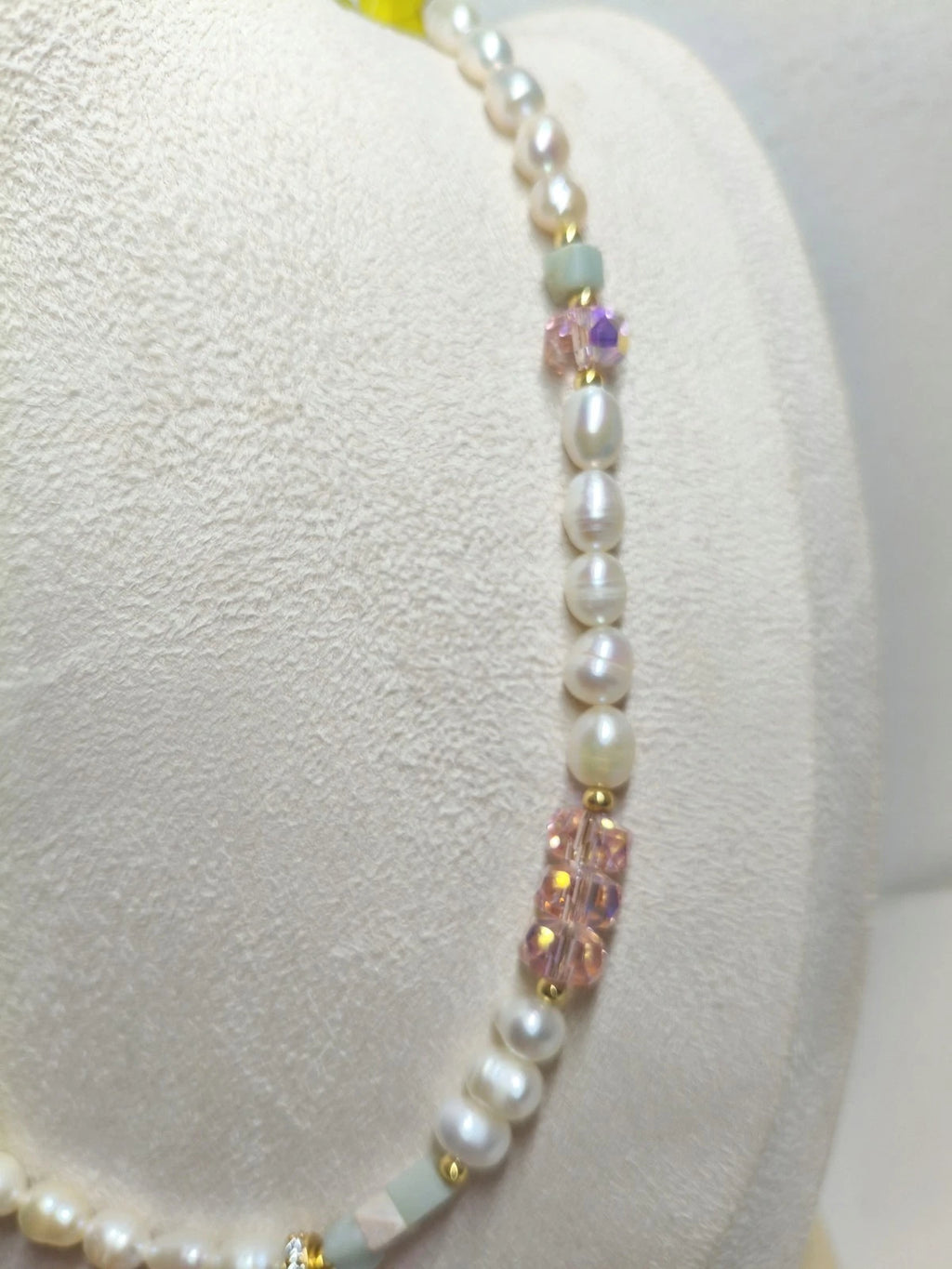 Natural pearl, stone, and crystal necklace with 2 cm baroque pearl pendant
