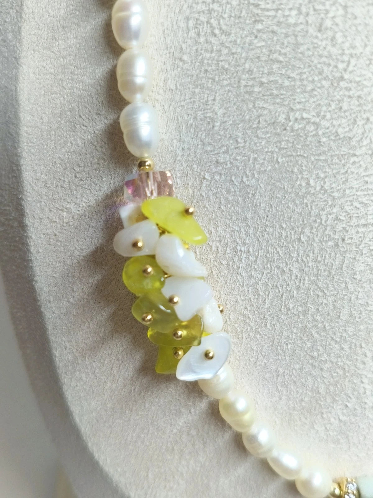 Natural pearl, stone, and crystal necklace with 2 cm baroque pearl pendant