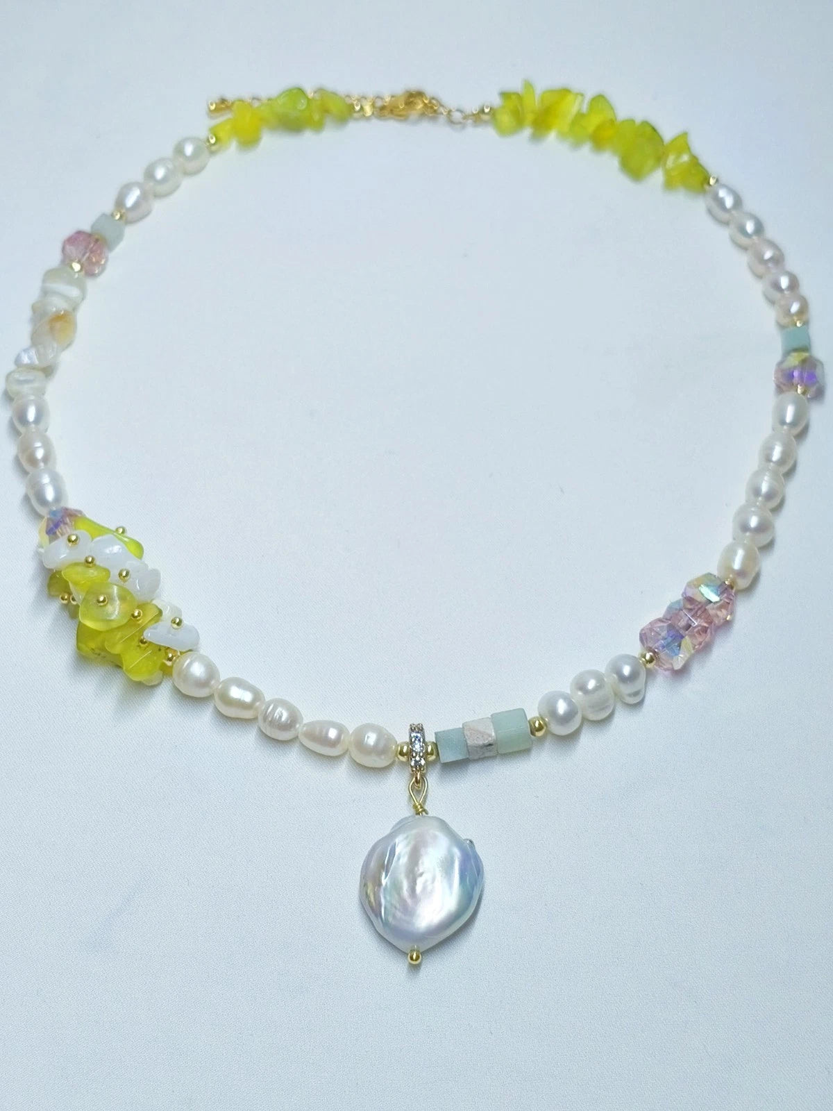 Natural pearl, stone, and crystal necklace with 2 cm baroque pearl pendant