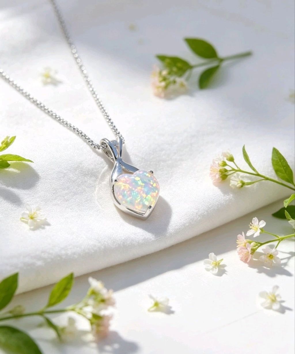 collana placcato in oro bianco 18K con opale a forma di cuore