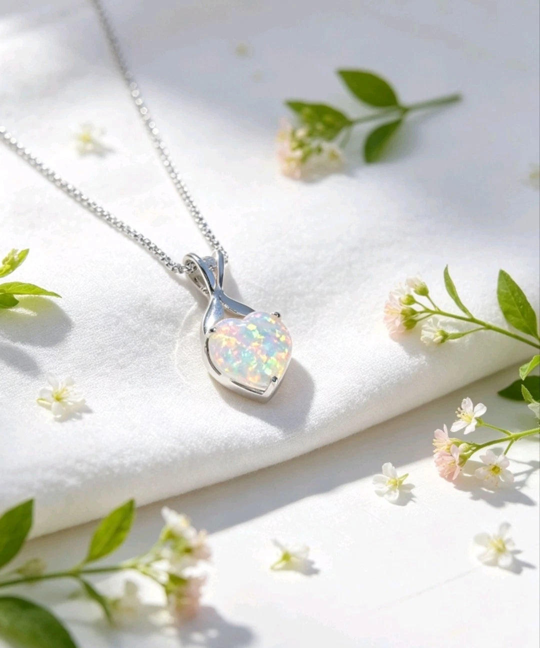 collana placcato in oro bianco 18K con opale a forma di cuore