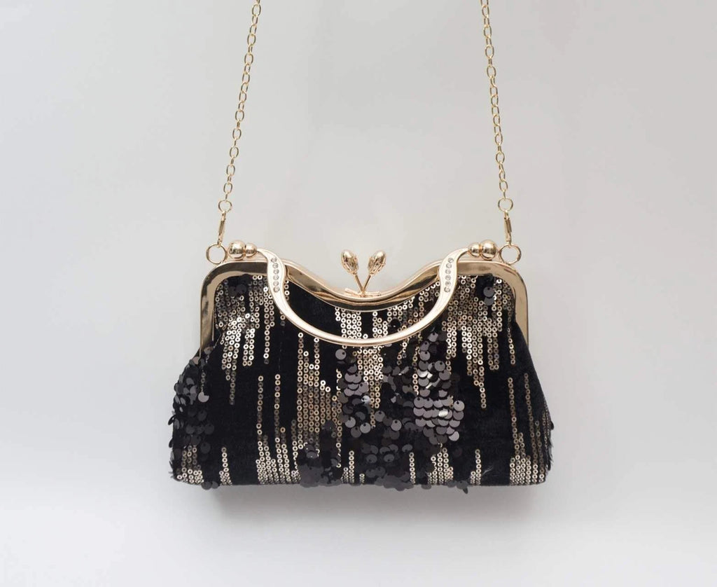 Pochette da sera lustrini nero-oro "Pioggia Dorata", manico + catena removibile