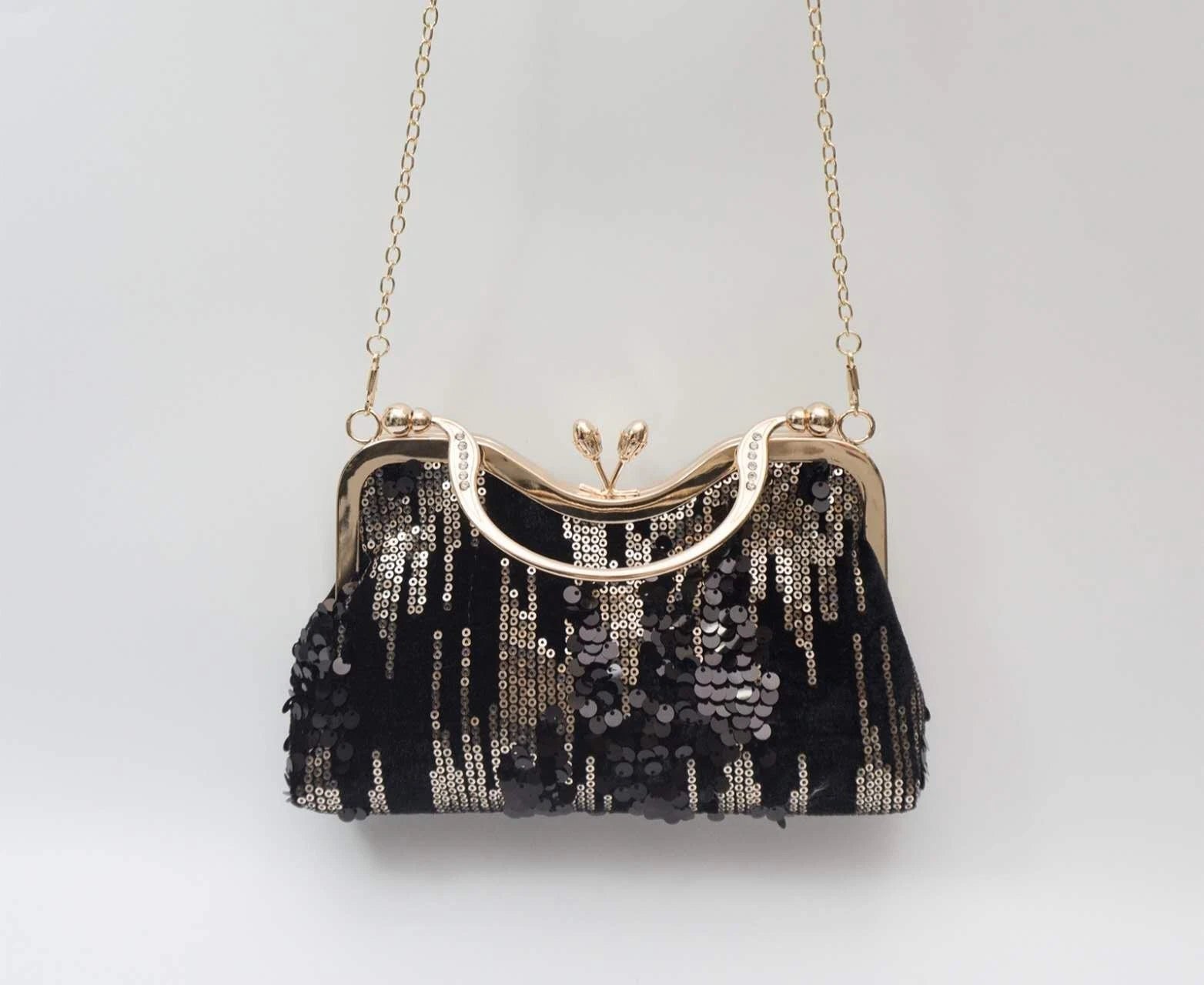 Pochette da sera lustrini nero-oro "Pioggia Dorata", manico + catena removibile