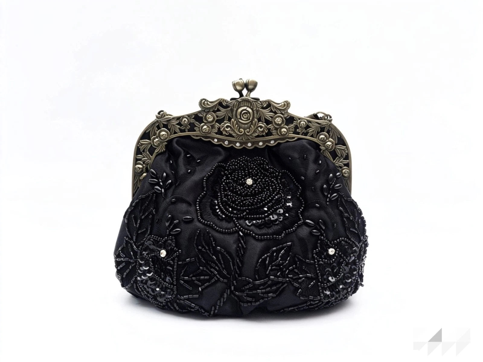 Pochette da sera "Rosa Notturna", raso nero ricamo perline artigianale