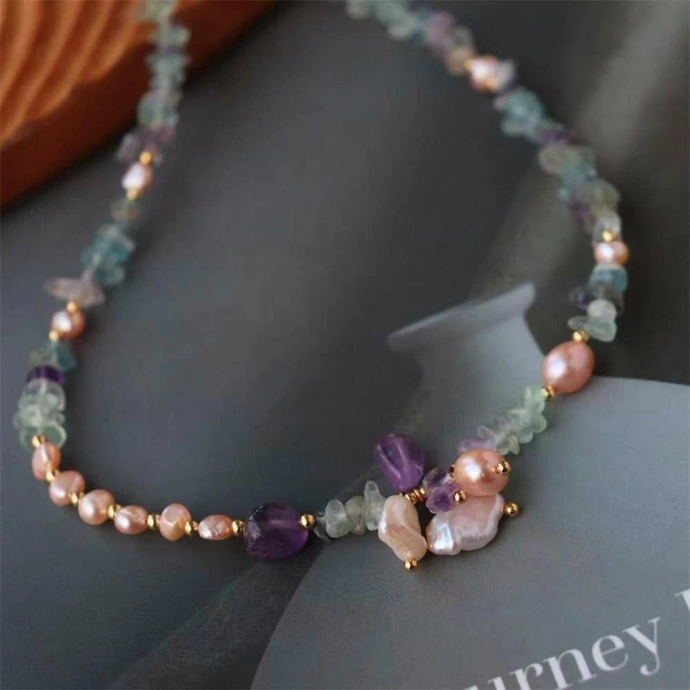 Collana Acciaio Choker Perle Barocche Naturali Ametista Fluorite Pietra Grezza