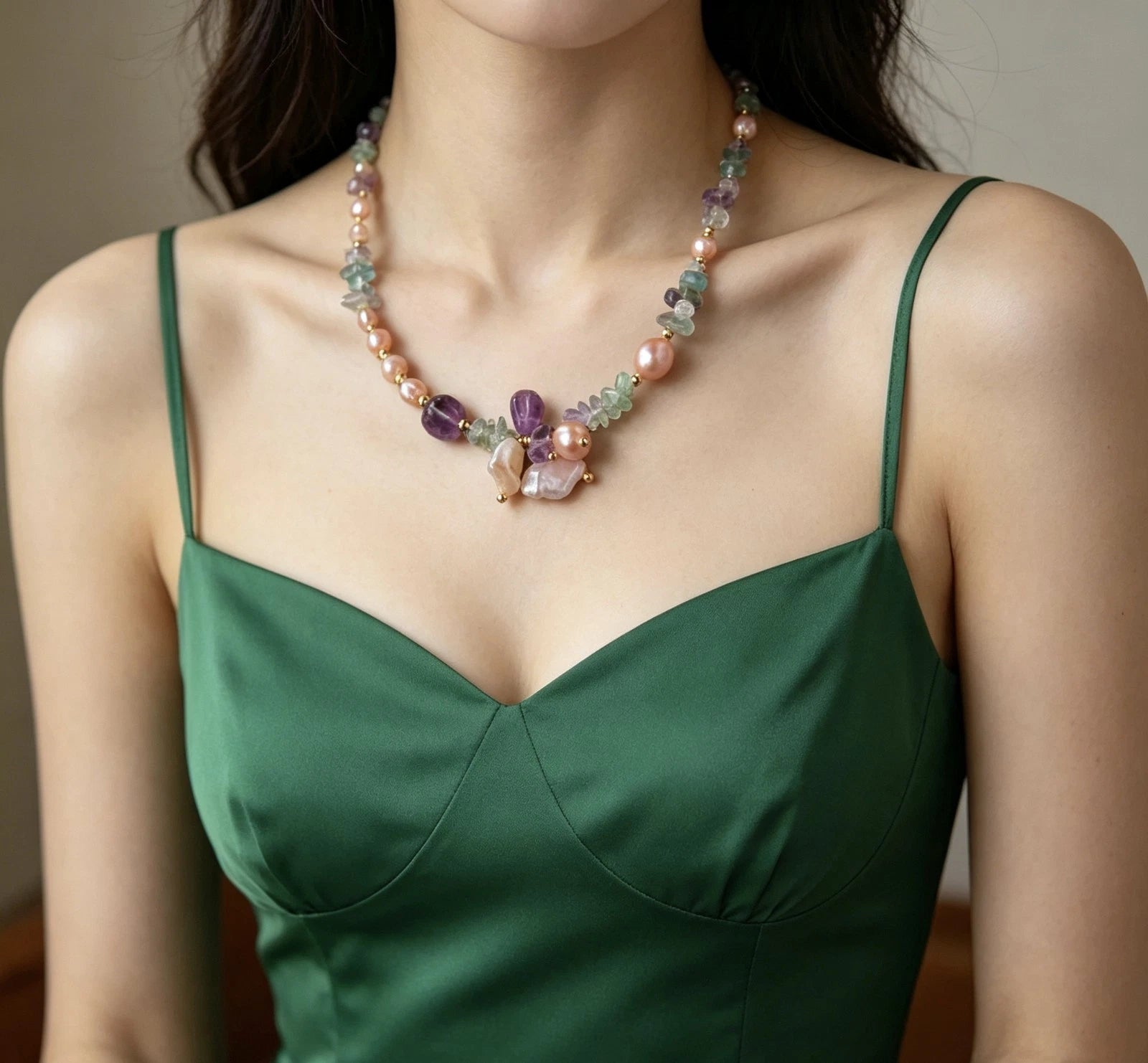 Collana Acciaio Choker Perle Barocche Naturali Ametista Fluorite Pietra Grezza