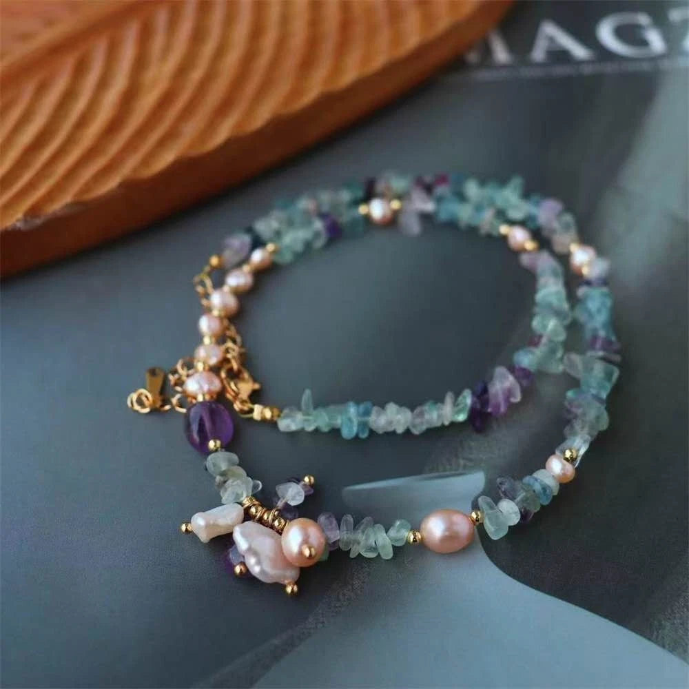 Collana Acciaio Choker Perle Barocche Naturali Ametista Fluorite Pietra Grezza