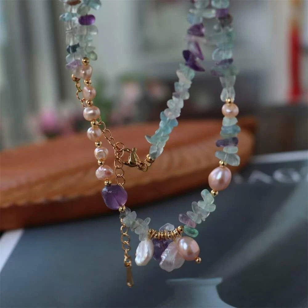 Collana Acciaio Choker Perle Barocche Naturali Ametista Fluorite Pietra Grezza