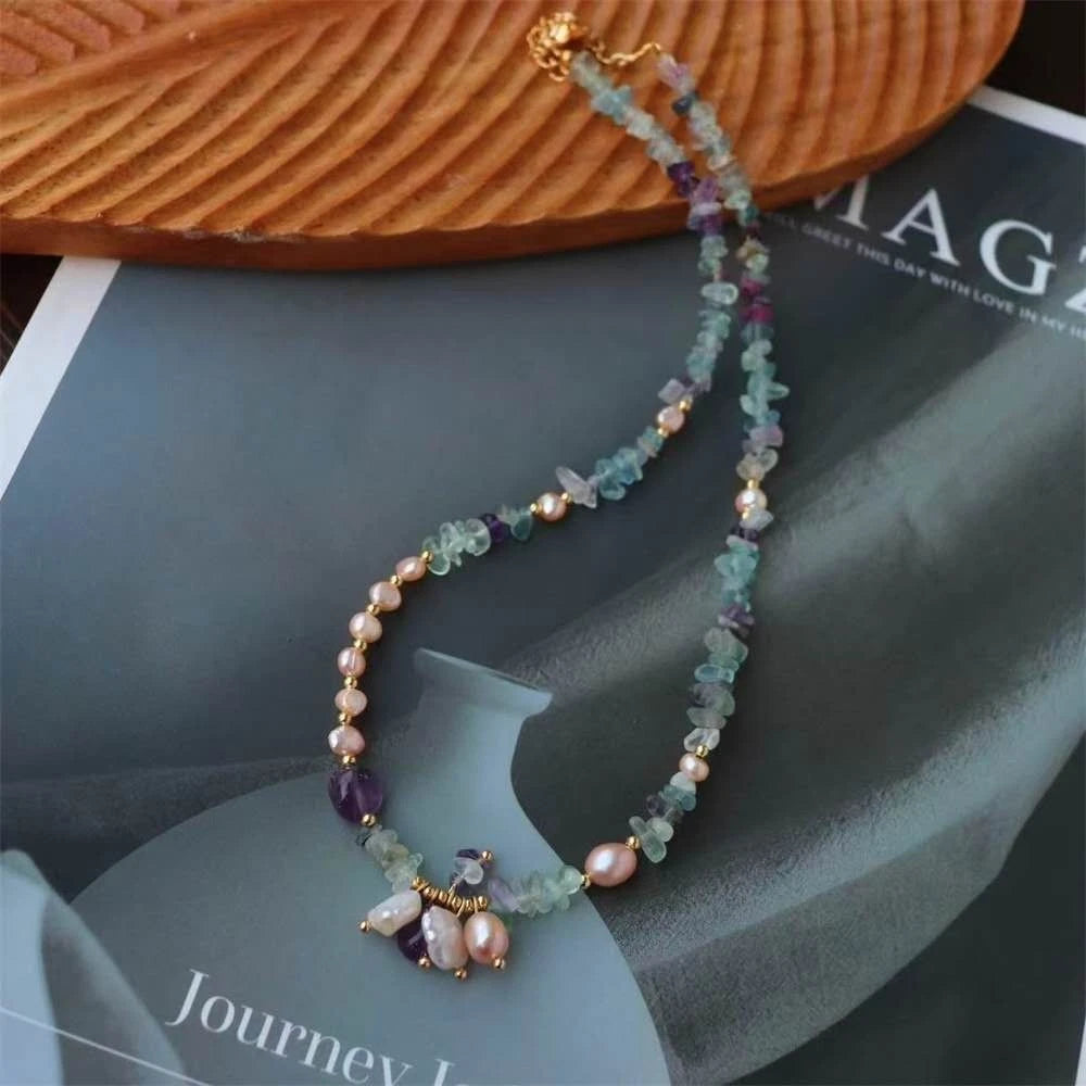 Collana Acciaio Choker Perle Barocche Naturali Ametista Fluorite Pietra Grezza