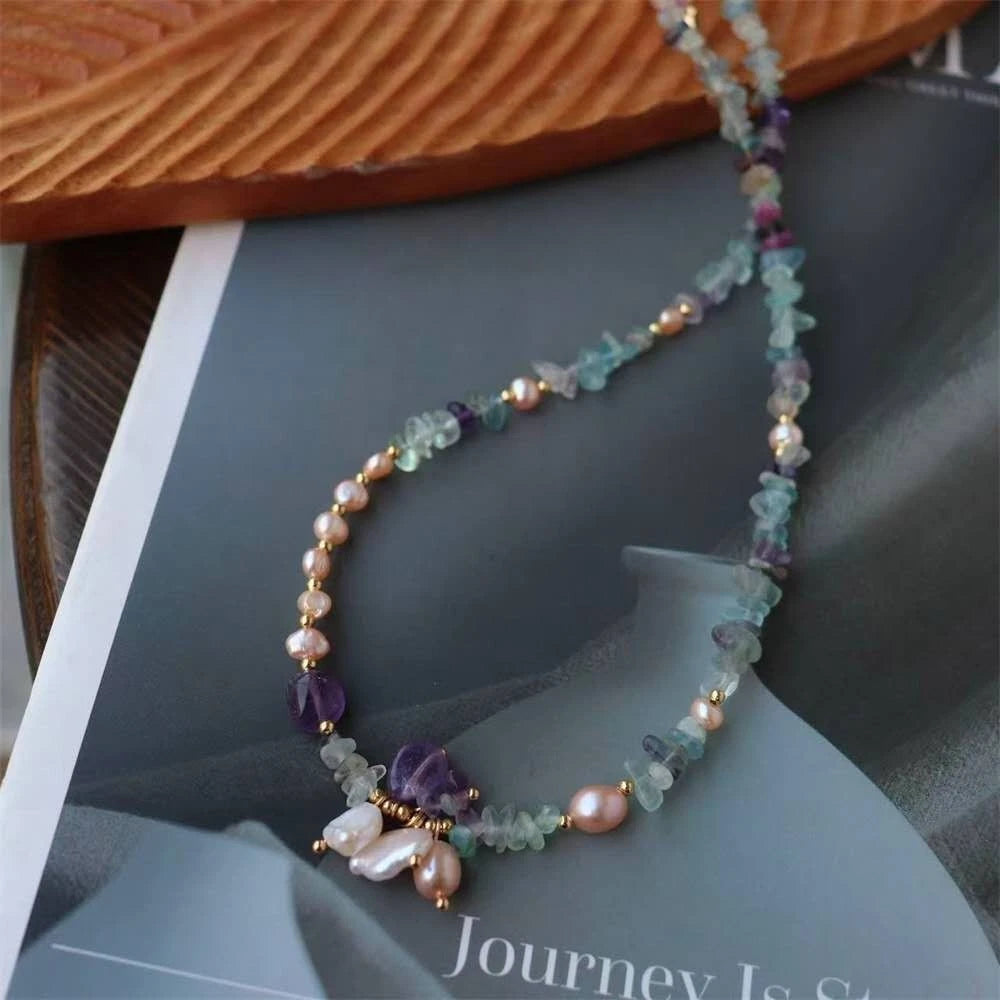 Collana Acciaio Choker Perle Barocche Naturali Ametista Fluorite Pietra Grezza