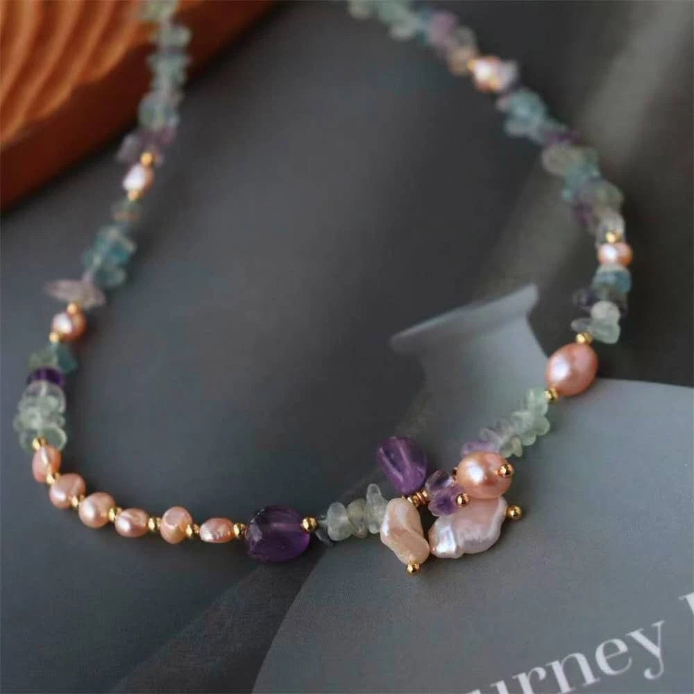 Collana Acciaio Choker Perle Barocche Naturali Ametista Fluorite Pietra Grezza