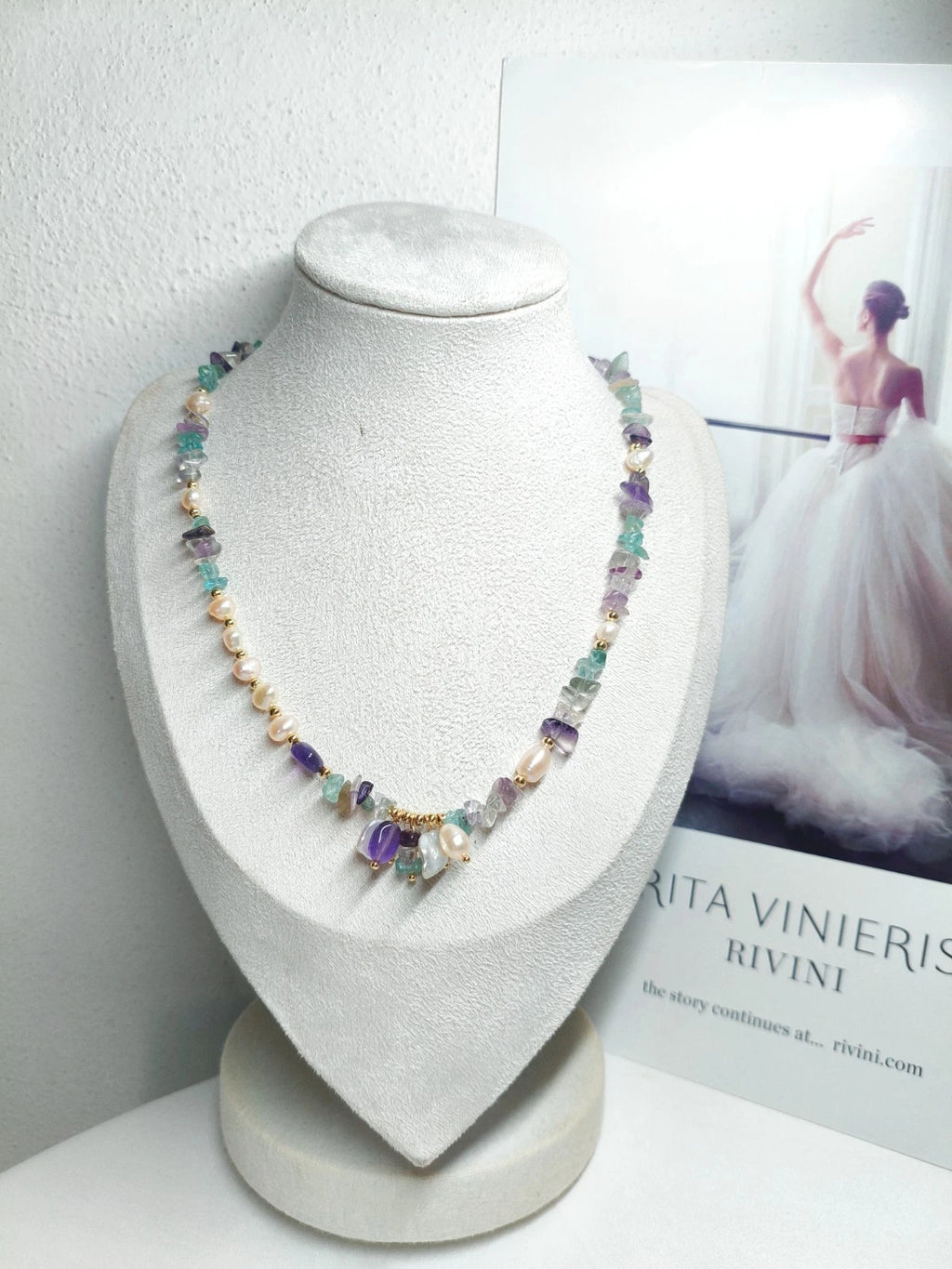 Collana Acciaio Choker Perle Barocche Naturali Ametista Fluorite Pietra Grezza