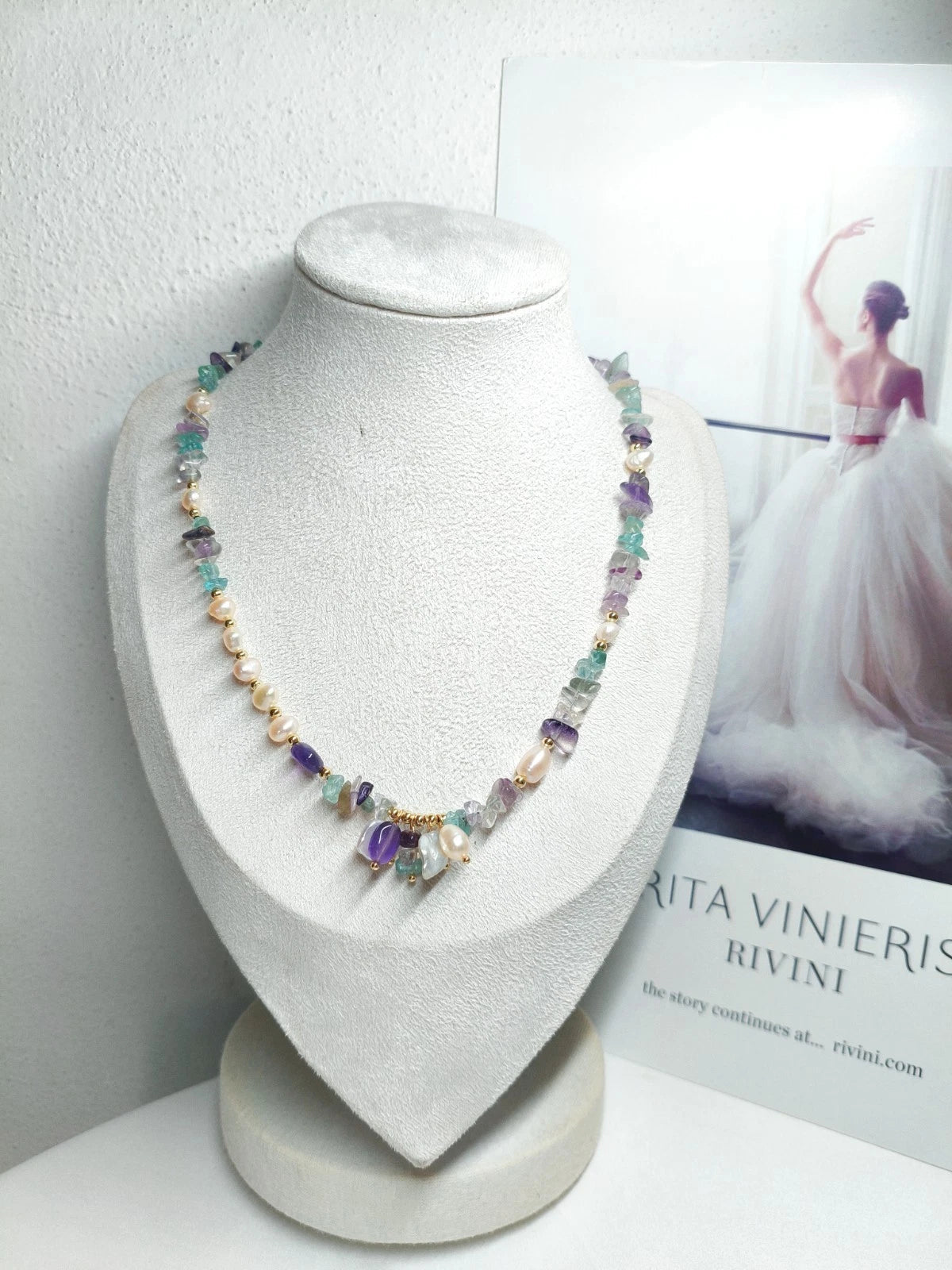 Collana Acciaio Choker Perle Barocche Naturali Ametista Fluorite Pietra Grezza