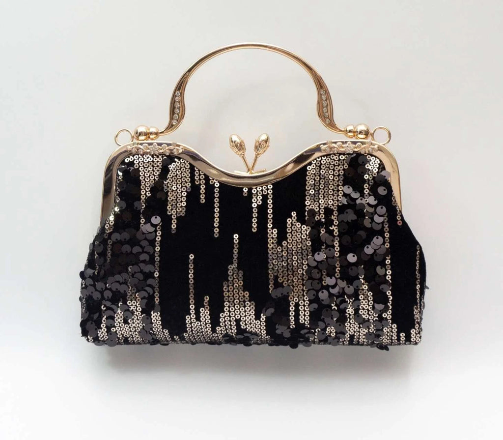 Pochette da sera lustrini nero-oro "Pioggia Dorata", manico + catena removibile