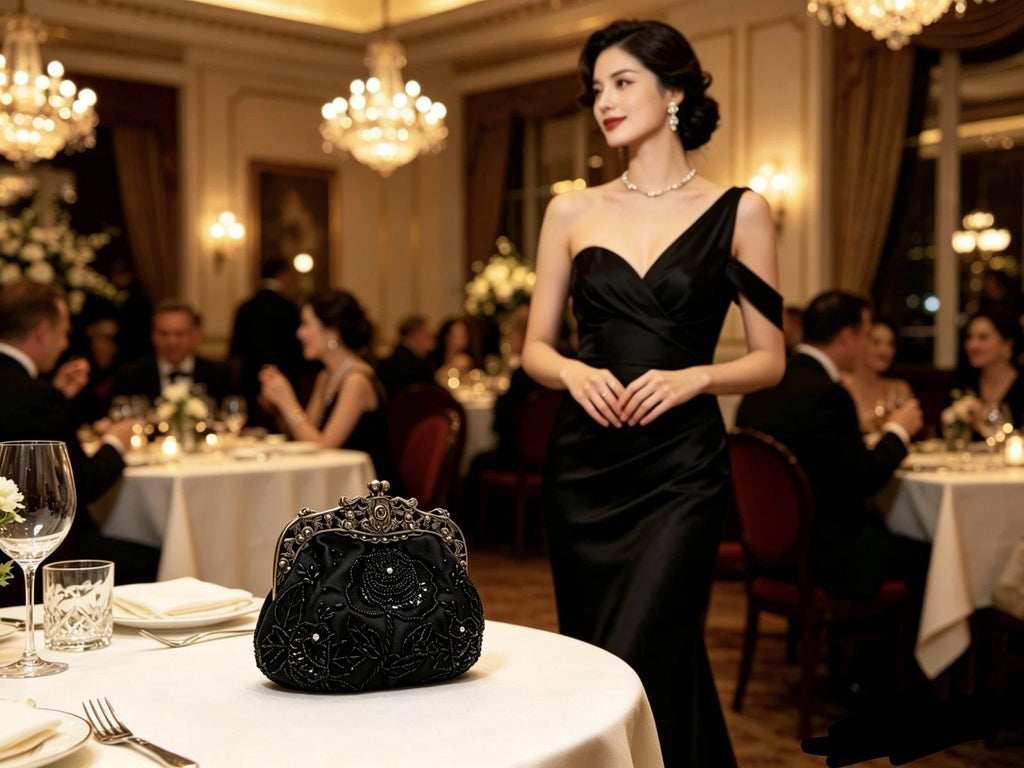 Pochette da sera "Rosa Notturna", raso nero ricamo perline artigianale