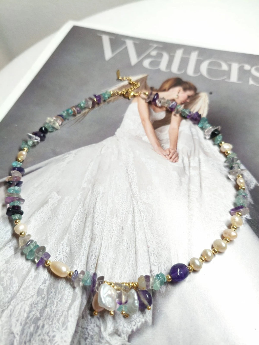 Collana Acciaio Choker Perle Barocche Naturali Ametista Fluorite Pietra Grezza