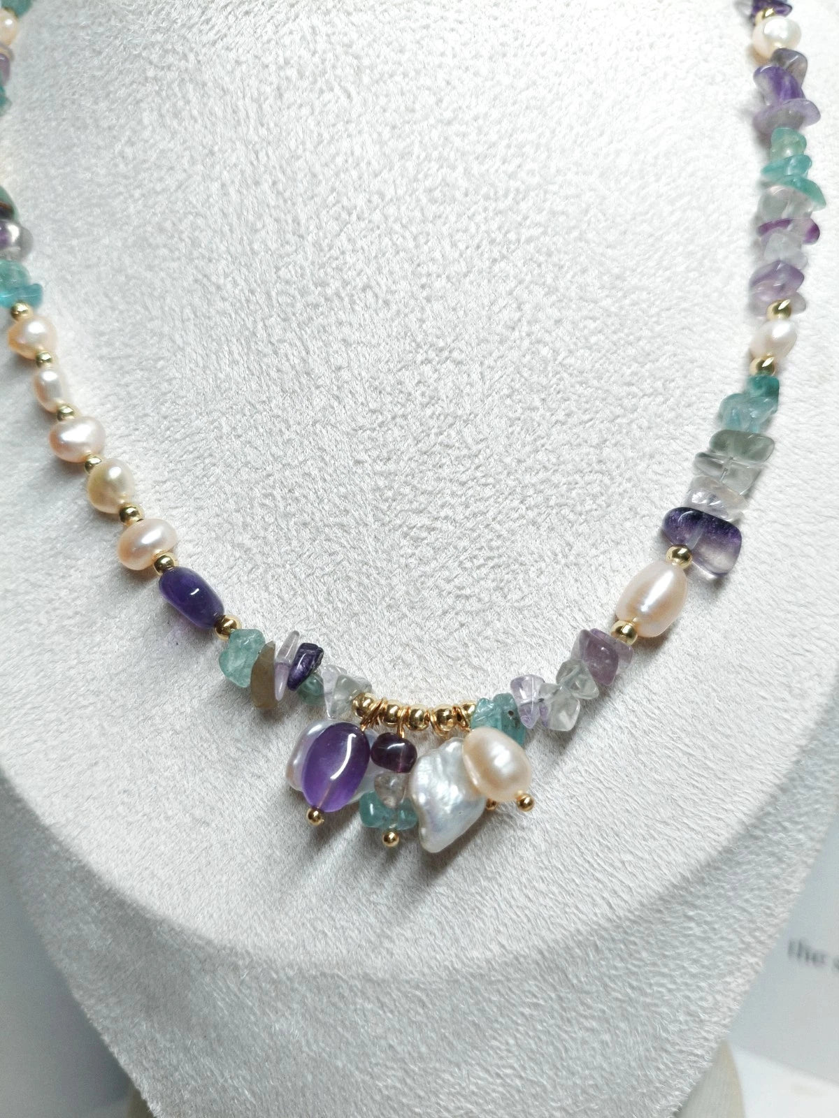 Collana Acciaio Choker Perle Barocche Naturali Ametista Fluorite Pietra Grezza