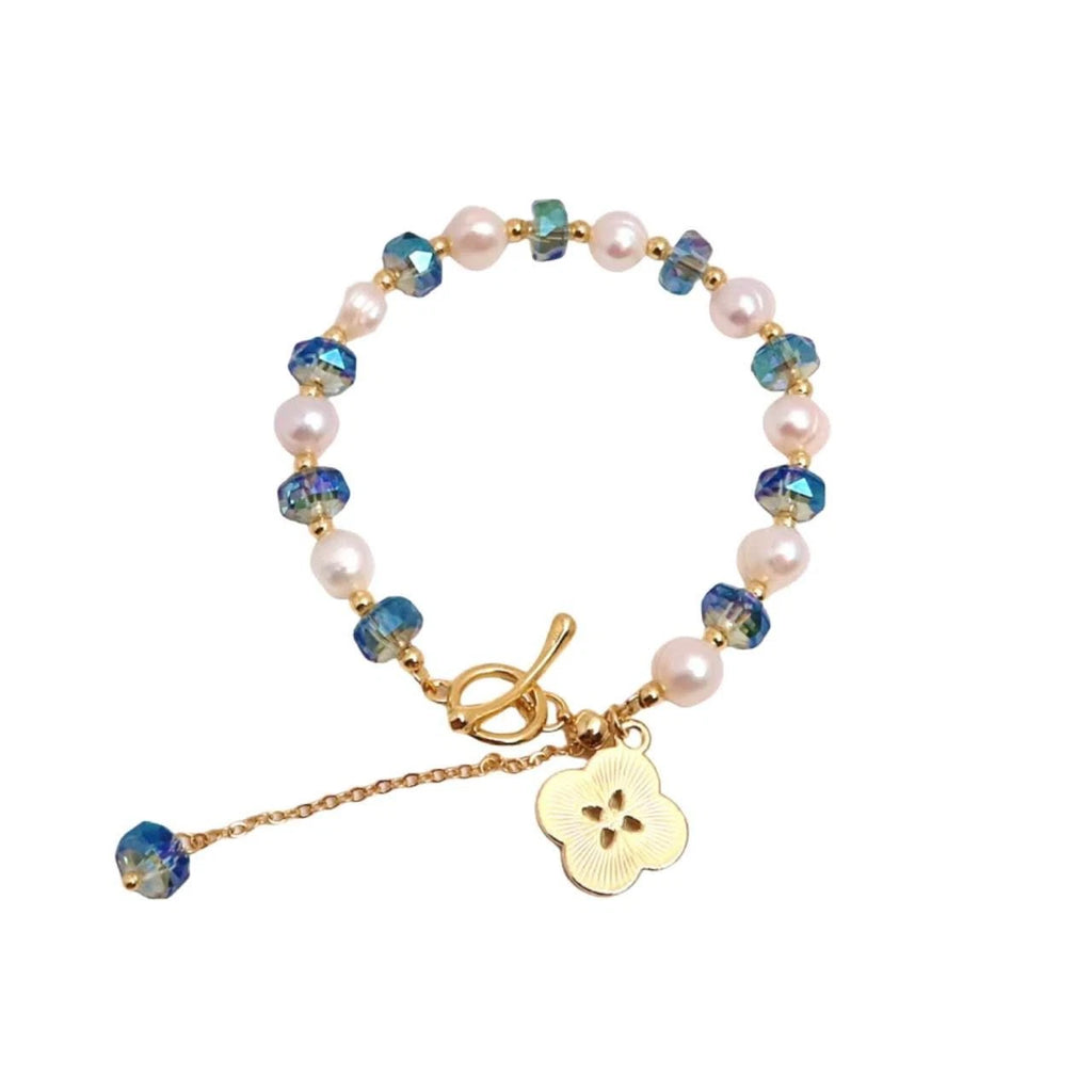 Set collana+bracciale con perle naturali e cristallo cangiante blu, trifoglio