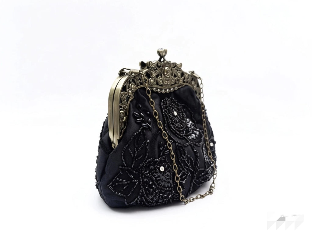 Pochette da sera "Rosa Notturna", raso nero ricamo perline artigianale