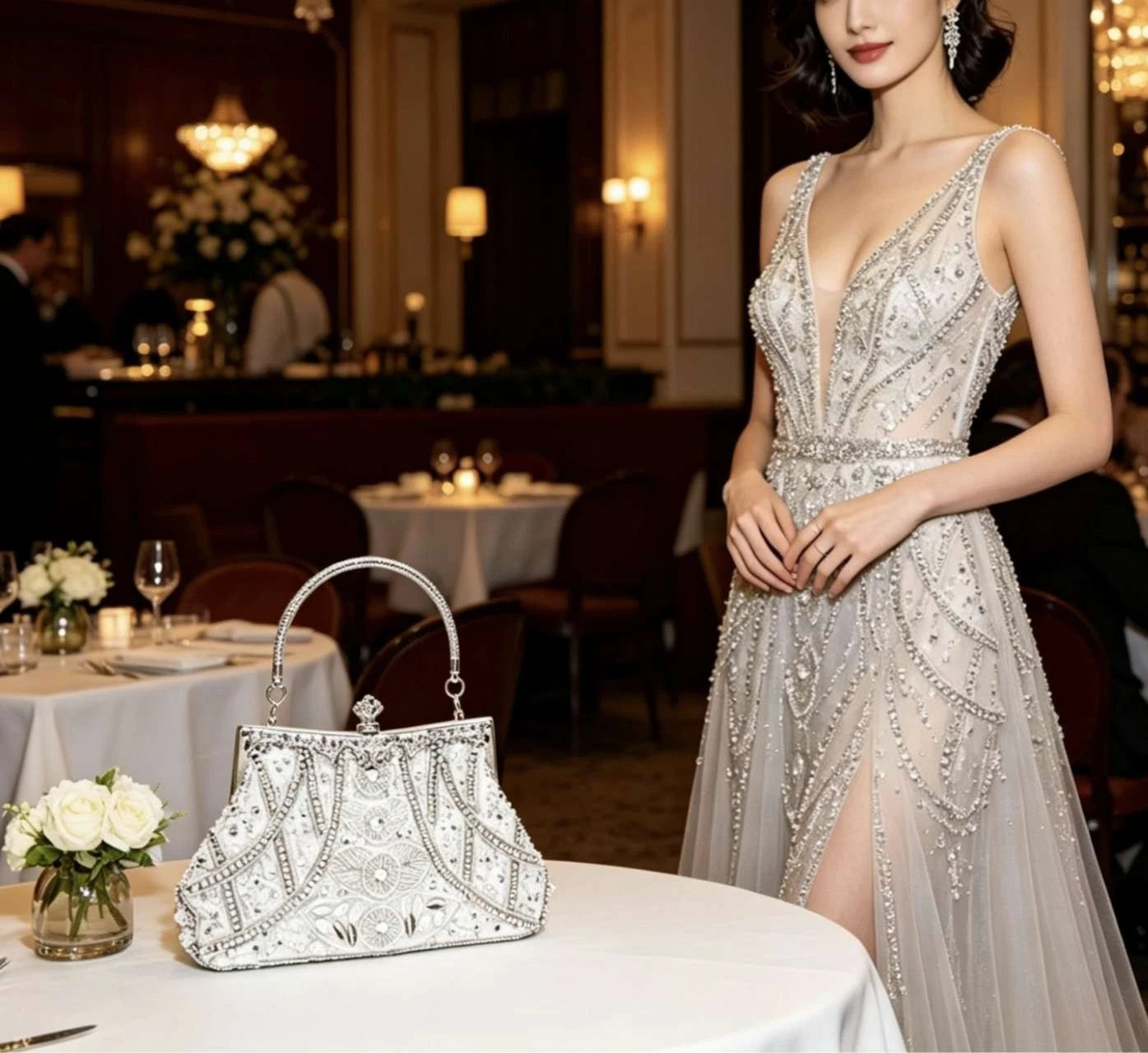 Handgemachte Abendtasche mit Perlen und Kristallen "Goldene Blumen"