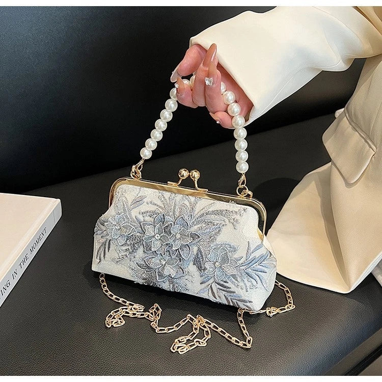 Pochette da Sera Pizzo Ricamo Fiore Grigio Manico Perla Catena Oro Staccabile