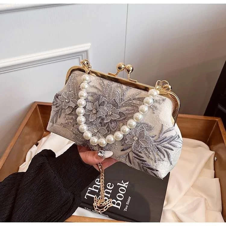 Pochette da Sera Pizzo Ricamo Fiore Grigio Manico Perla Catena Oro Staccabile