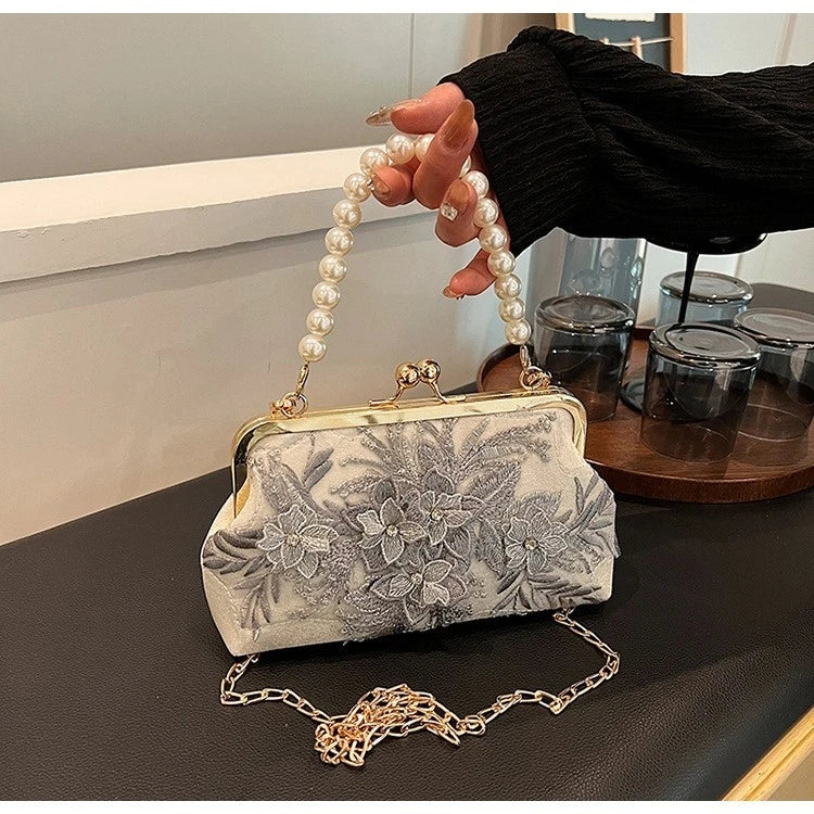Pochette da Sera Pizzo Ricamo Fiore Grigio Manico Perla Catena Oro Staccabile