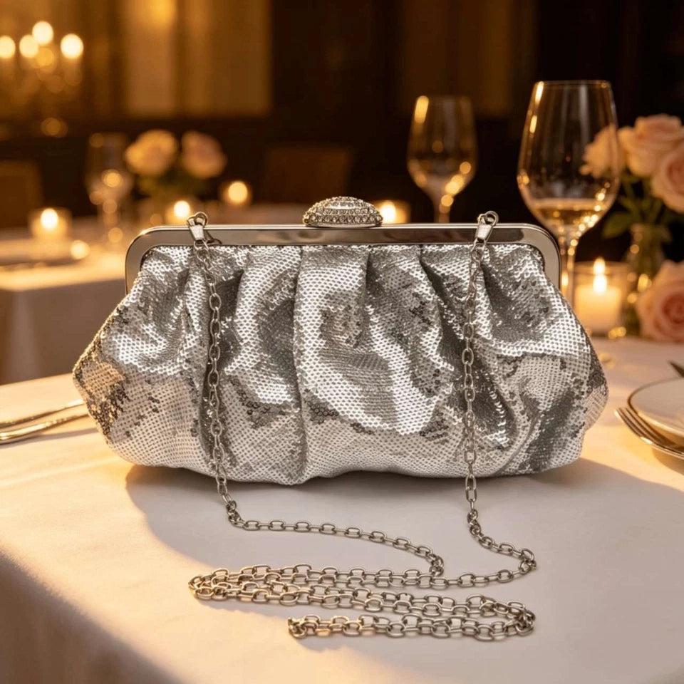 Pochette da sera con cornice scintillante,tracolla a catena a spalla/trasversale