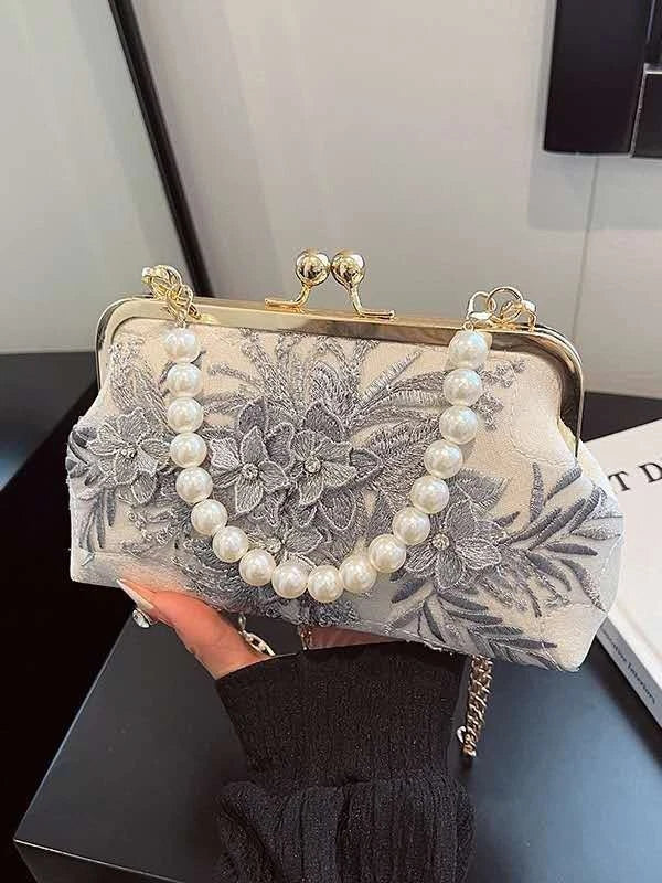 Pochette da Sera Pizzo Ricamo Fiore Grigio Manico Perla Catena Oro Staccabile