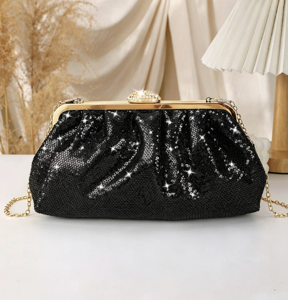 Pochette da sera con cornice scintillante,tracolla a catena a spalla/trasversale