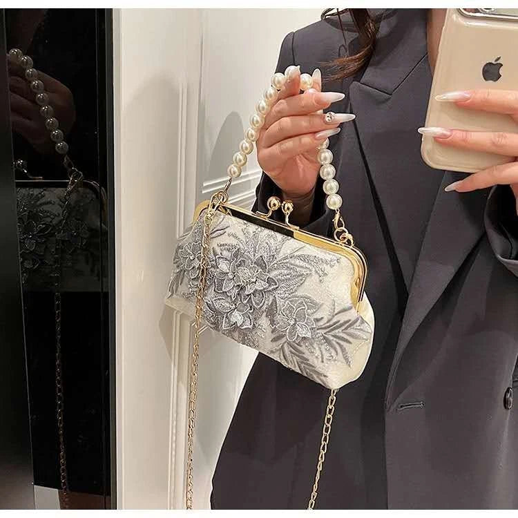 Pochette da Sera Pizzo Ricamo Fiore Grigio Manico Perla Catena Oro Staccabile