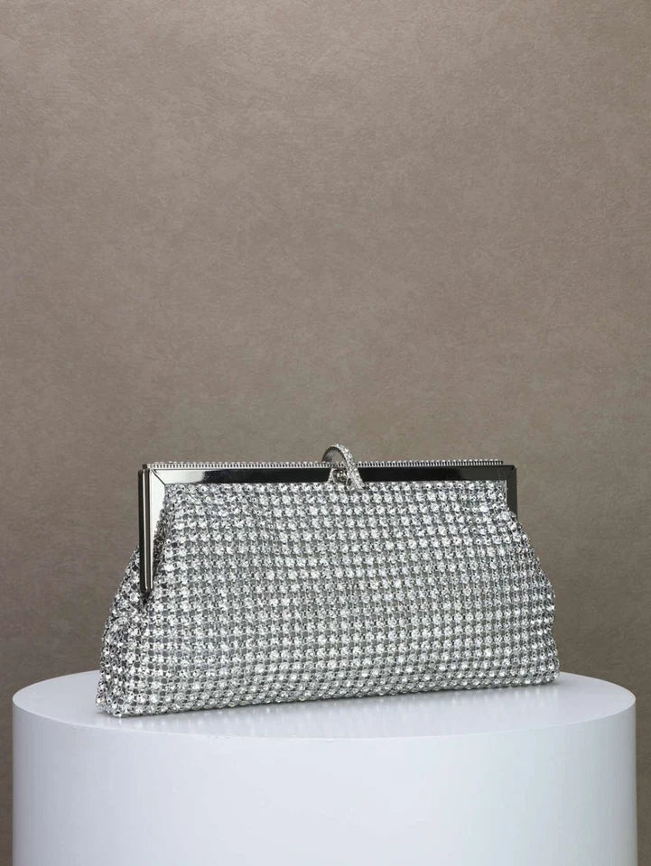 Pochette da sera a mano con strass e cornice metallica