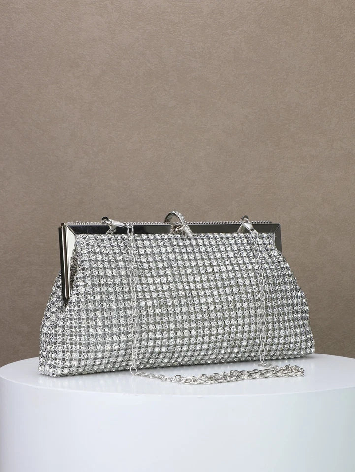 Pochette da sera a mano con strass e cornice metallica