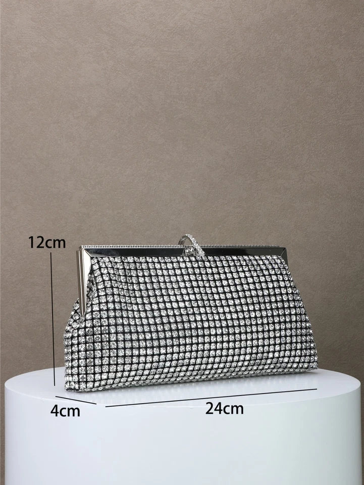Pochette da sera a mano con strass e cornice metallica