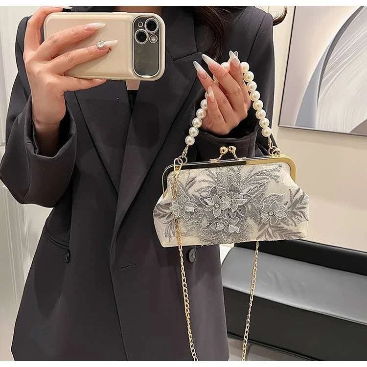 Pochette da Sera Pizzo Ricamo Fiore Grigio Manico Perla Catena Oro Staccabile