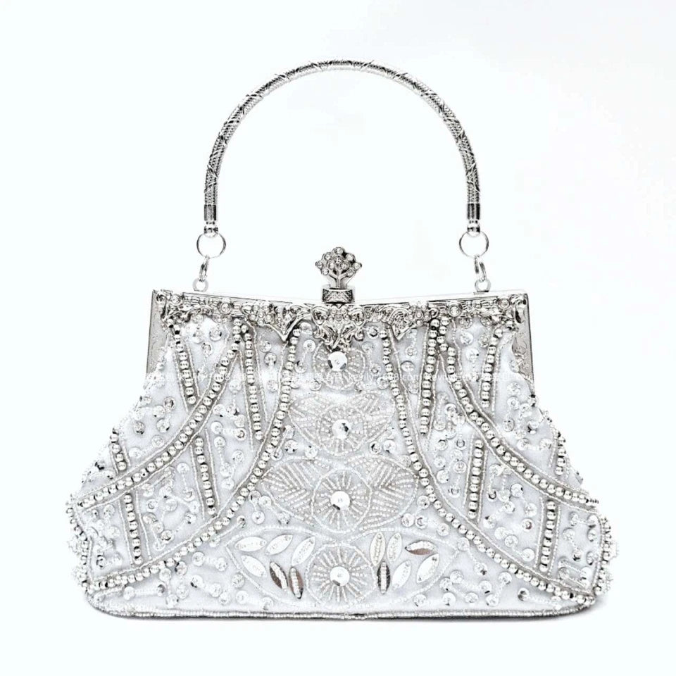 Pochette artigianale con perline e cristalli, borsa per sposa e cocktail party