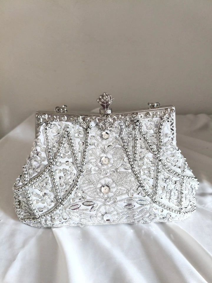 Pochette artigianale con perline e cristalli, borsa per sposa e cocktail party