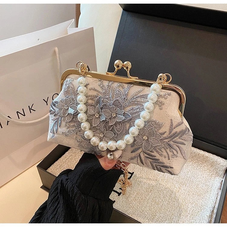 Pochette da Sera Pizzo Ricamo Fiore Grigio Manico Perla Catena Oro Staccabile