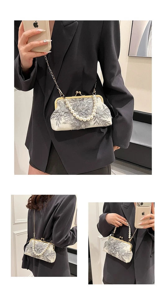 Pochette da Sera Pizzo Ricamo Fiore Grigio Manico Perla Catena Oro Staccabile