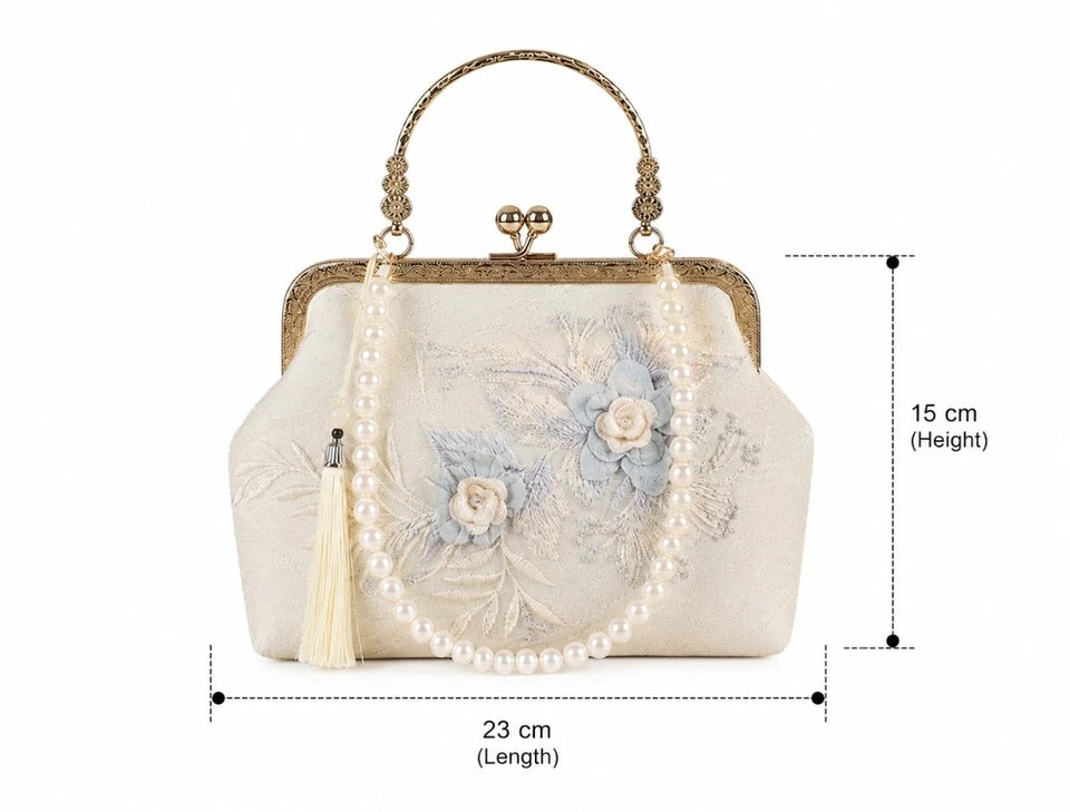 Pochette da sera in seta con ricamo floreale, borsa a mano con perle e nappa